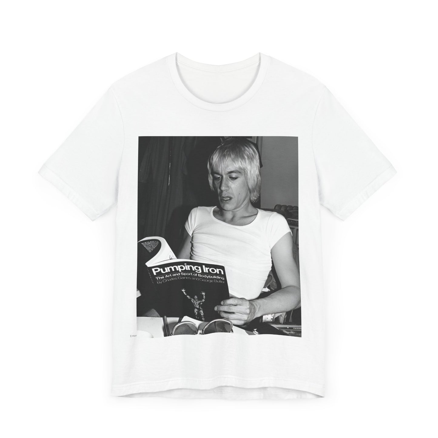A black graphic t-shirt featuring a 70s classic photo of Iggy Pop and The Stooges.