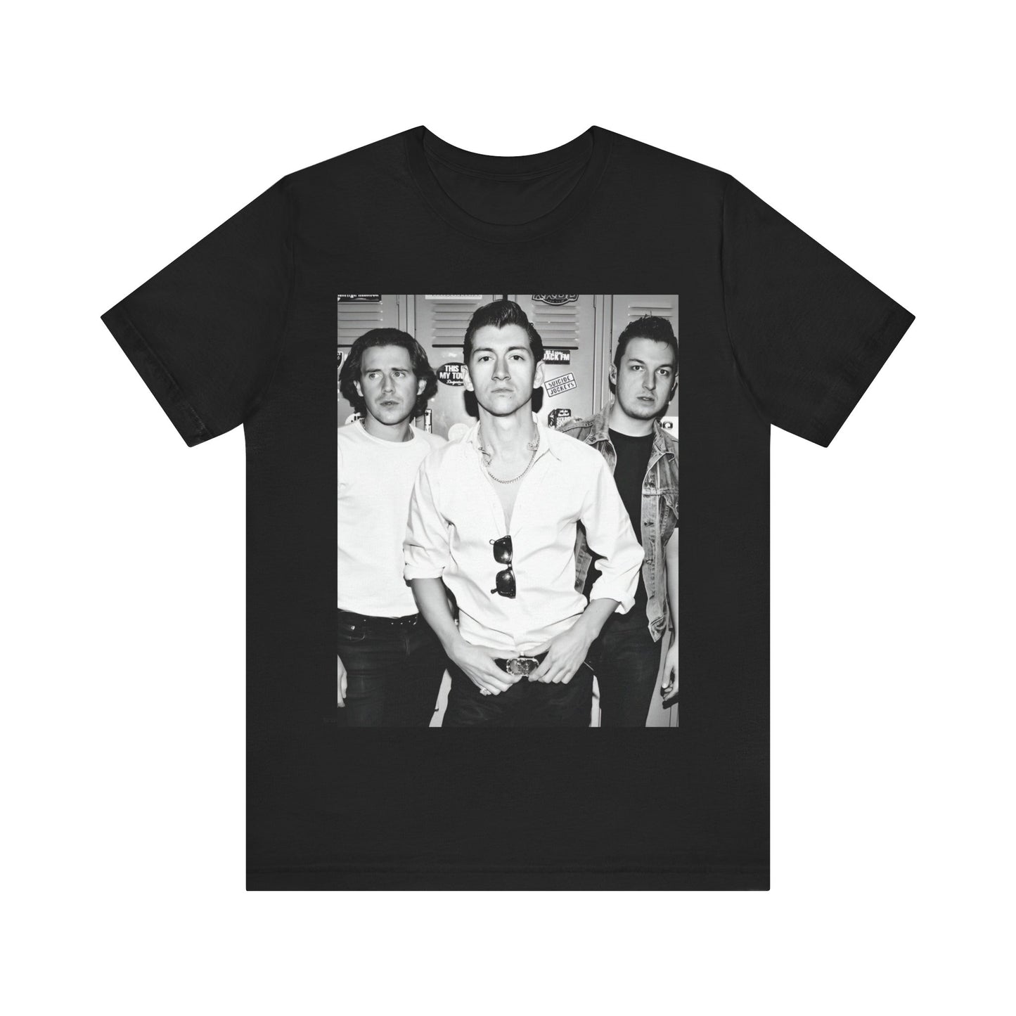 A black graphic t-shirt featuring a vintage-style design related to Arctic Monkeys' 'AM' album era, possibly with the album art or band imagery.