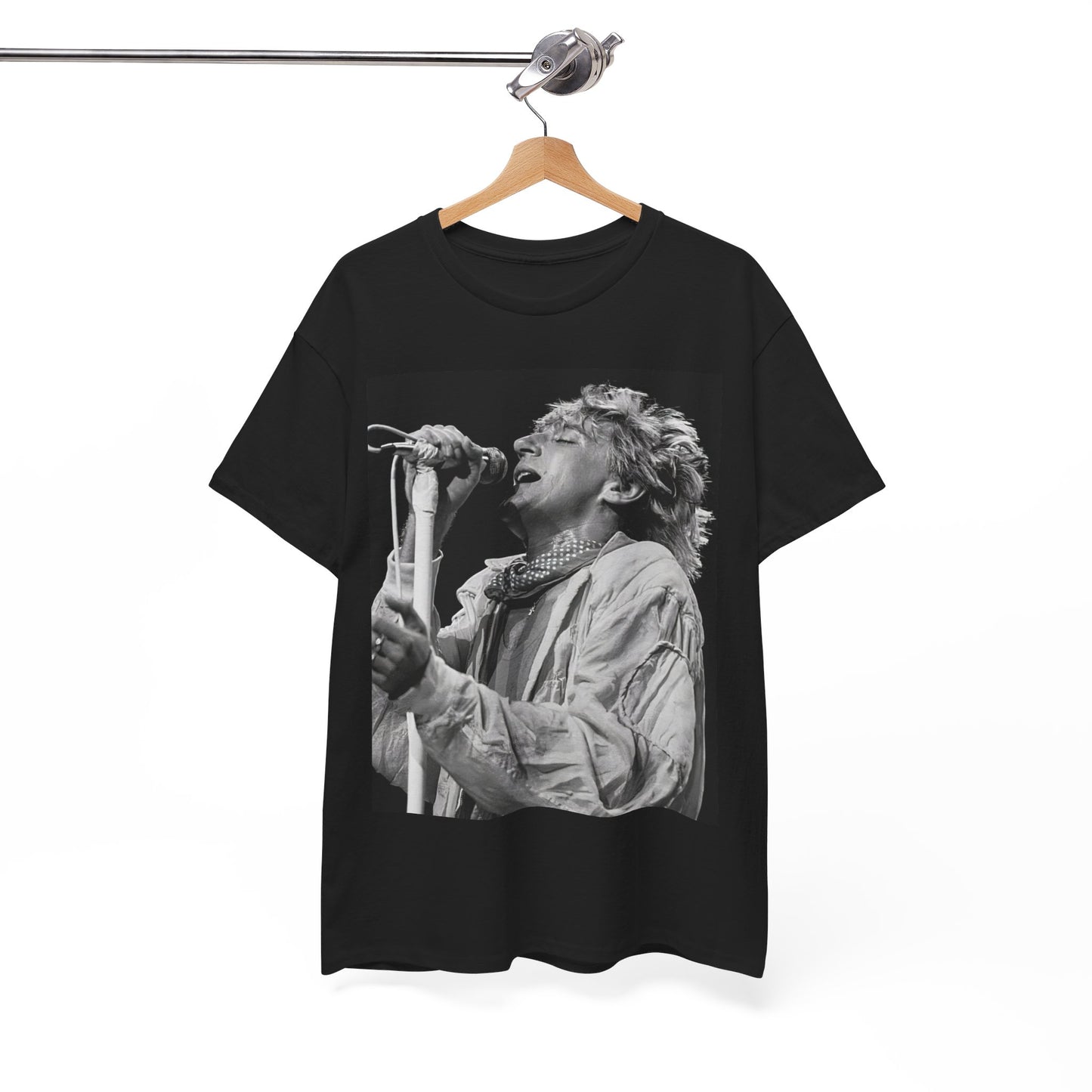 A black graphic t-shirt featuring an 80s black and white monochrome graphic or photo of Rod Stewart.