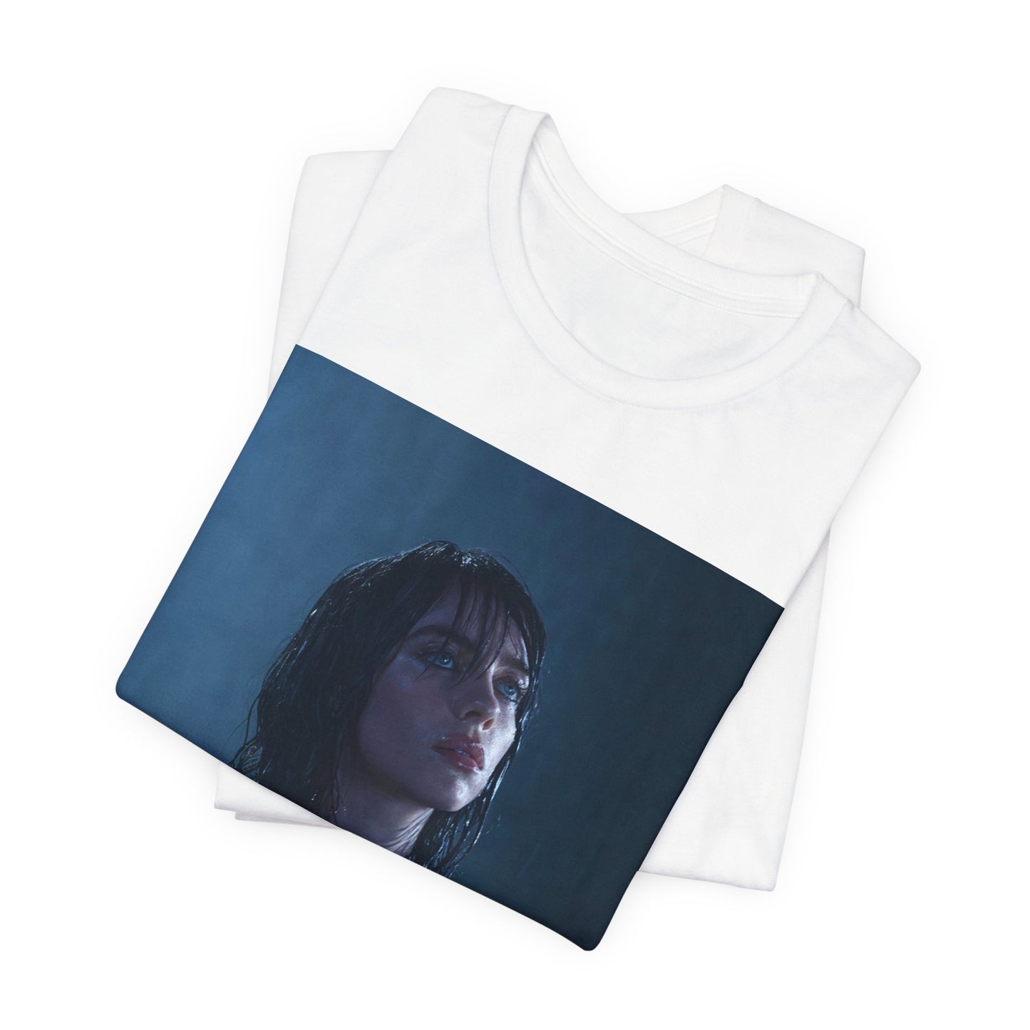 A direct, powerful portrait of Billie Eilish, embodying the 'HIT ME HARD AND SOFT' album era, printed on a graphic t-shirt.