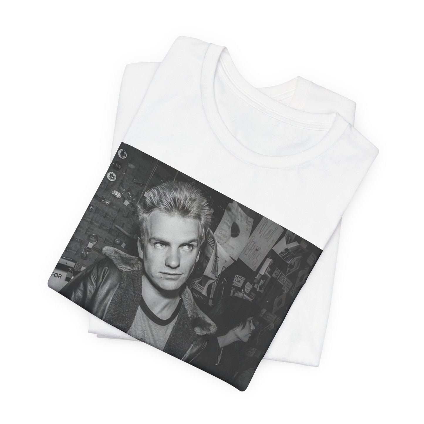 A black graphic t-shirt featuring a vintage black and white monochrome graphic or photo of Sting.