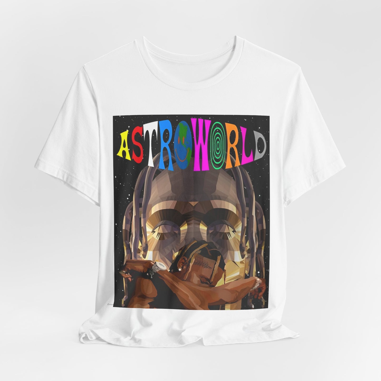 A black graphic t-shirt featuring a graphic related to Travis Scott's Astroworld album era.