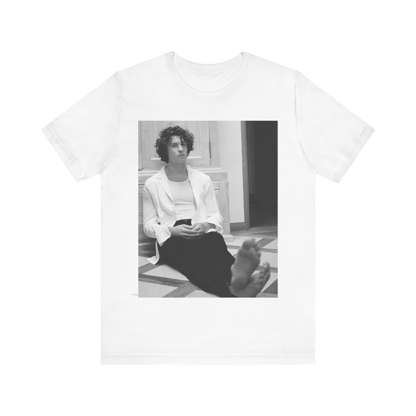 A black graphic t-shirt featuring a vintage casual style graphic of Shawn Mendes.