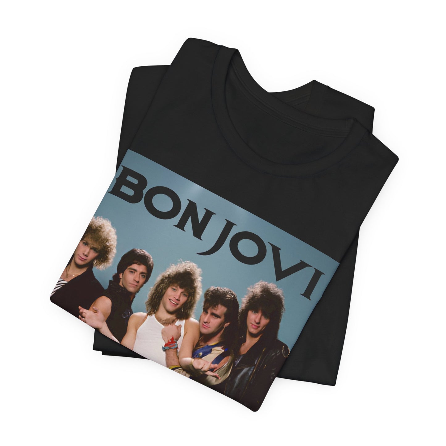 A black graphic t-shirt featuring a retro graphic inspired by Bon Jovi's 'Slippery When Wet' album art.