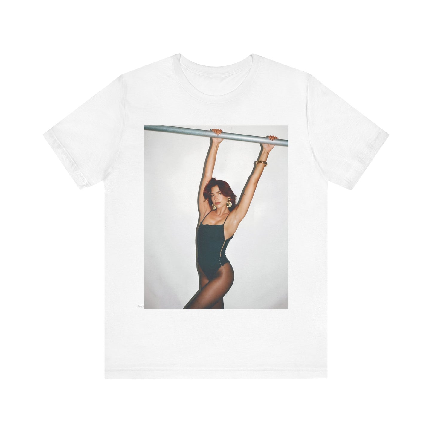 A black graphic t-shirt featuring a graphic related to Dua Lipa's "Levitating" song or era.
