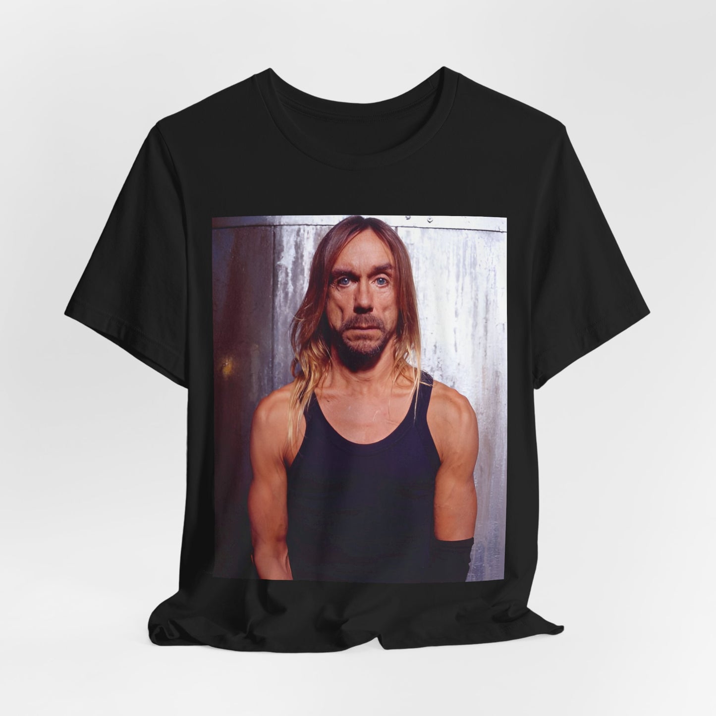 A black graphic t-shirt featuring a 90s vintage proto-punk icon graphic of Iggy Pop.