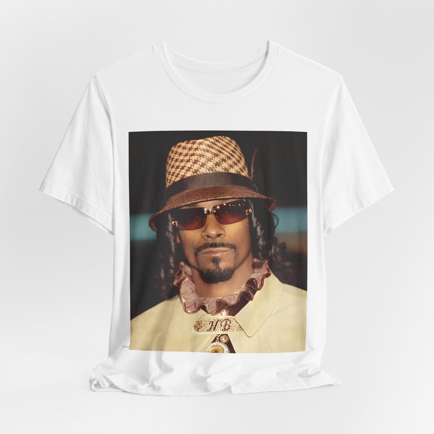 A black graphic t-shirt featuring a glamorous graphic of Snoop Dogg as a Doggfather icon.