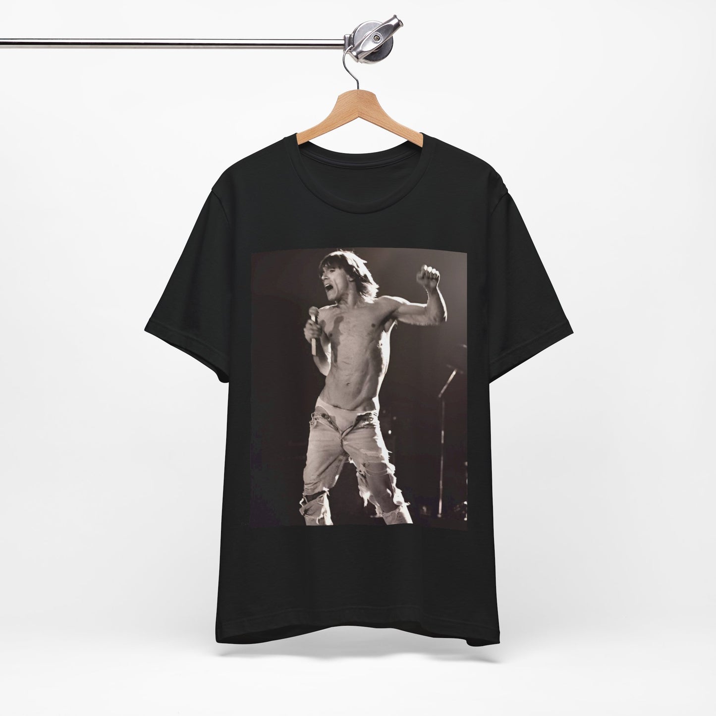 A black graphic t-shirt featuring a black and white graphic or photo of Iggy Pop performing live on stage.