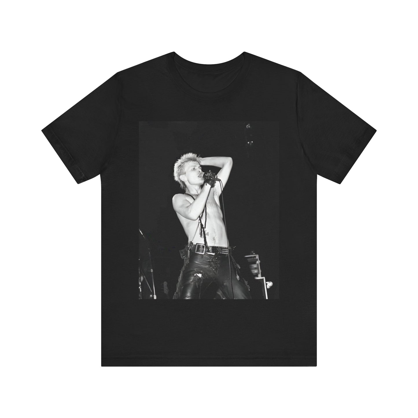 A black graphic t-shirt featuring a graphic related to Billy Idol's 'White Wedding' era, with a distinctive aesthetic.