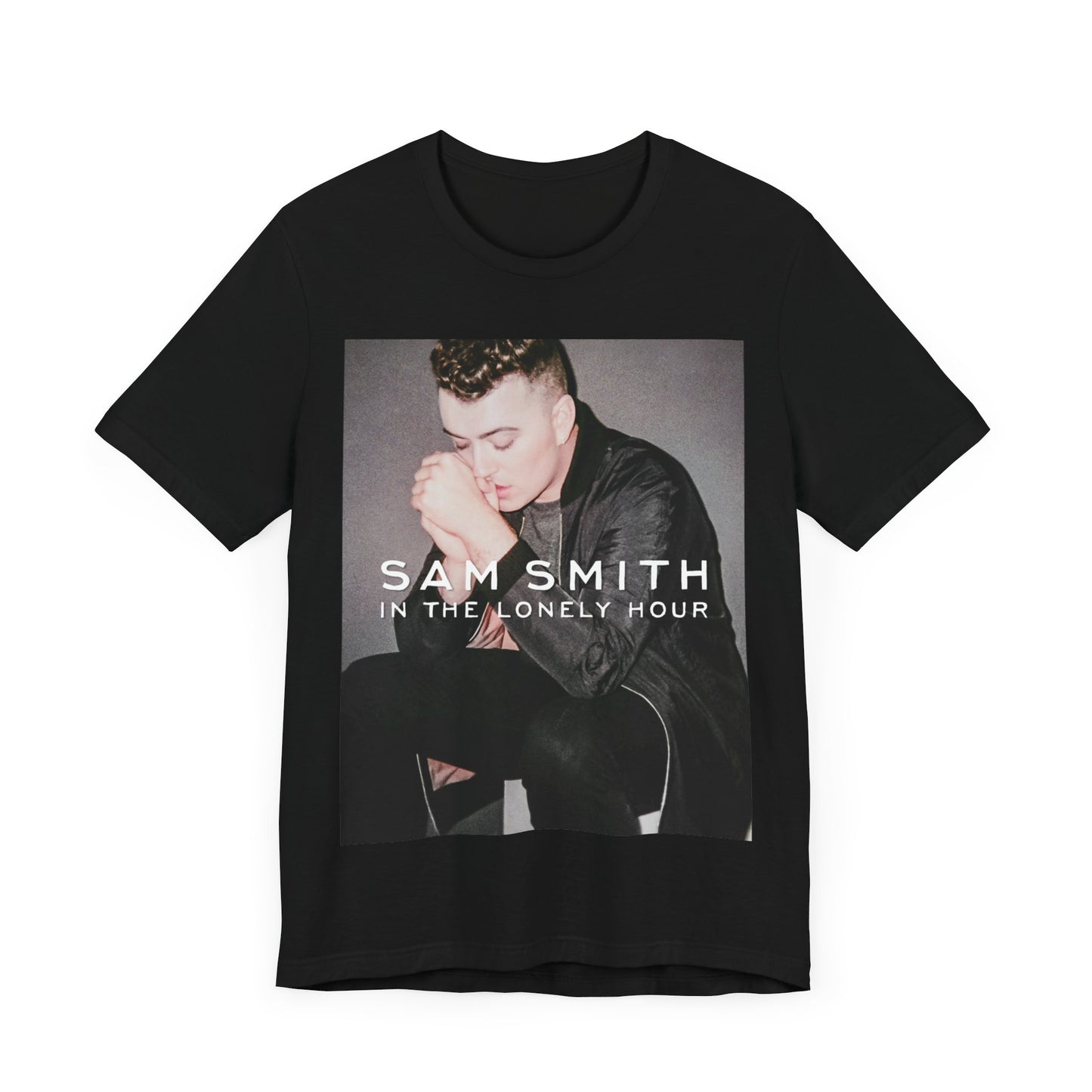 A black graphic t-shirt featuring the album cover art for Sam Smith's 'In the Lonely Hour'.