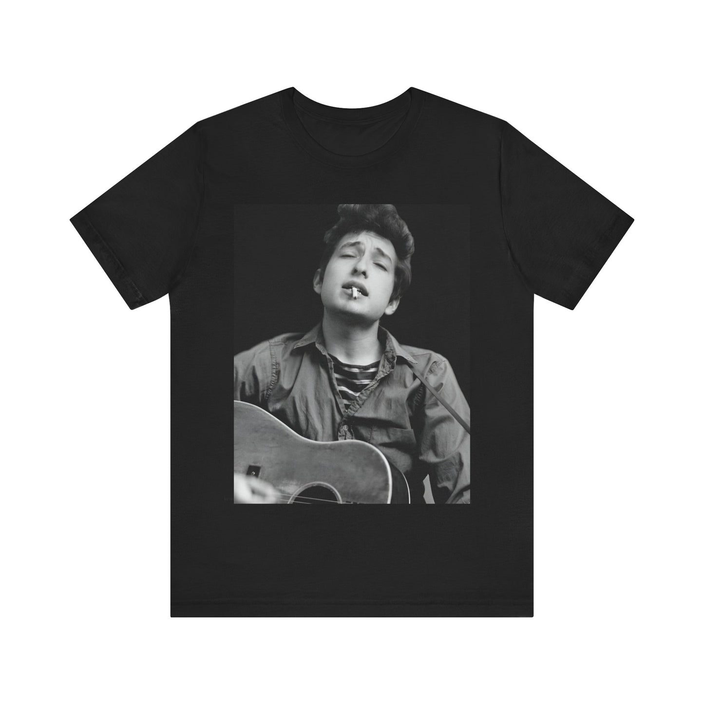 A black graphic t-shirt featuring a photo of Bob Dylan with his acoustic guitar.
