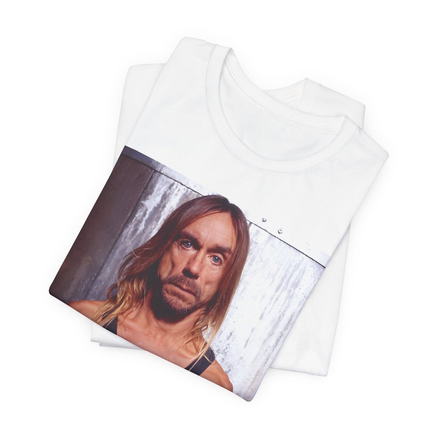 A black graphic t-shirt featuring a 90s vintage proto-punk icon graphic of Iggy Pop.