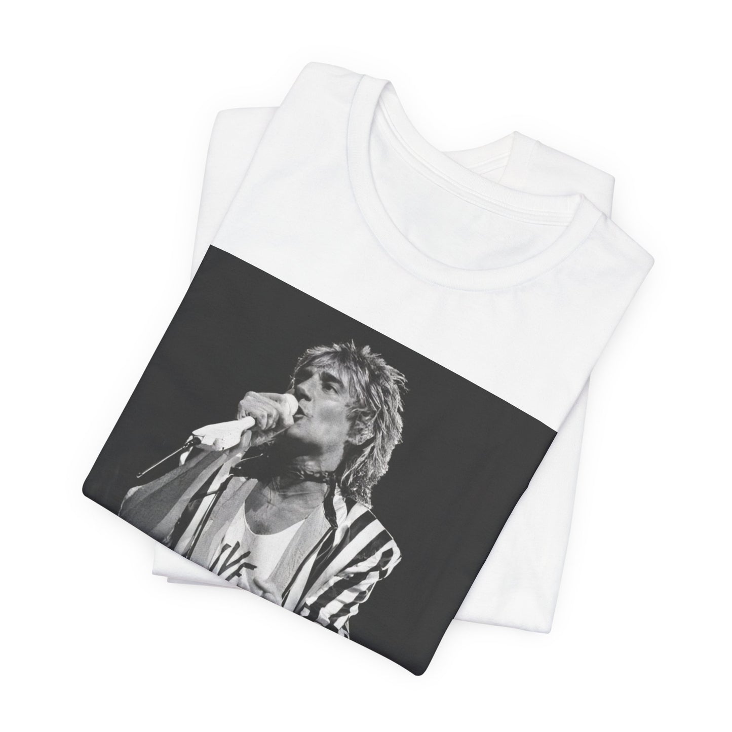 A black graphic t-shirt featuring a black and white portrait photo of Rod Stewart.