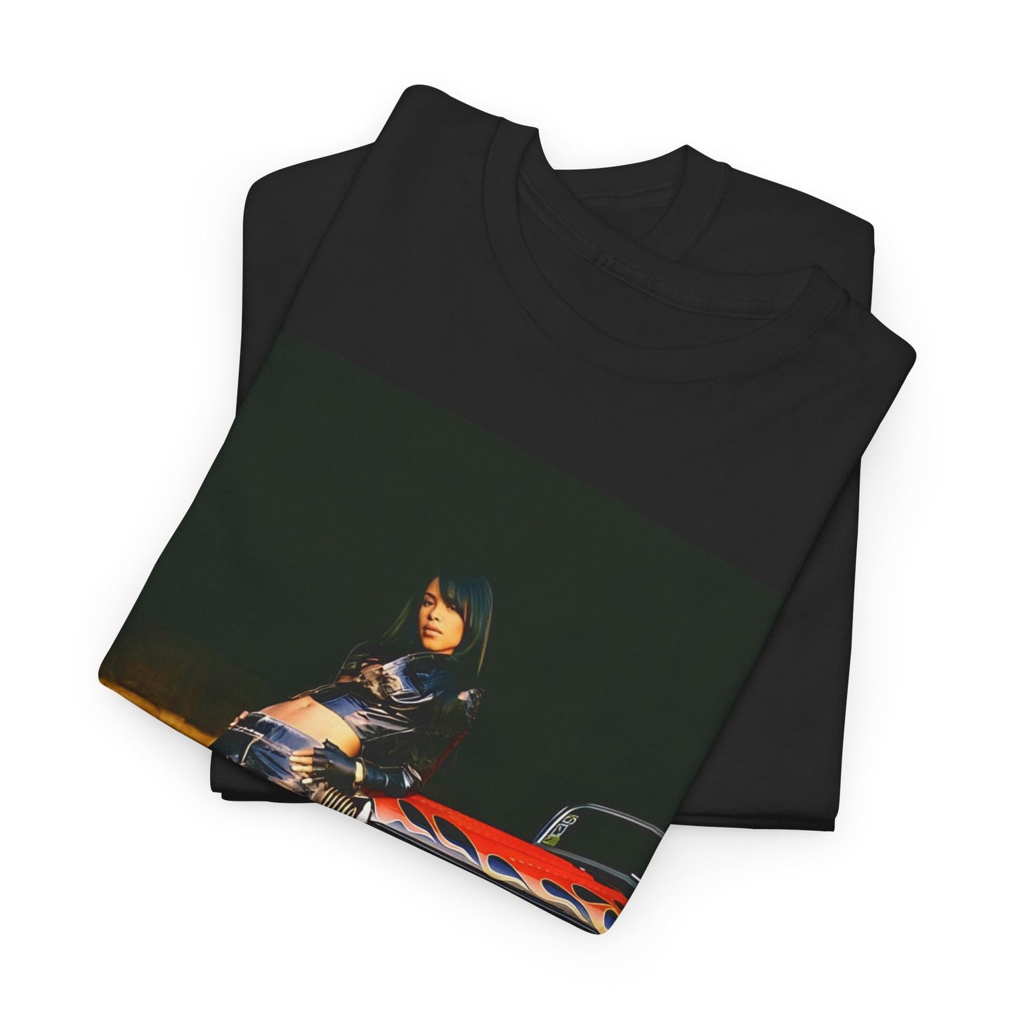 A black graphic t-shirt featuring a graphic of Aaliyah as an unapologetic R&B queen.