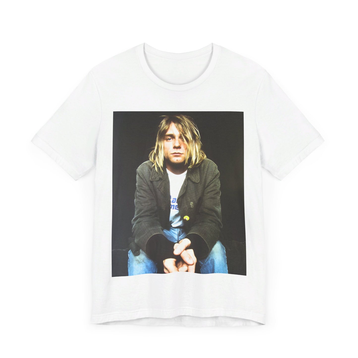 A black graphic t-shirt featuring an iconic graphic of Kurt Cobain from Nirvana.