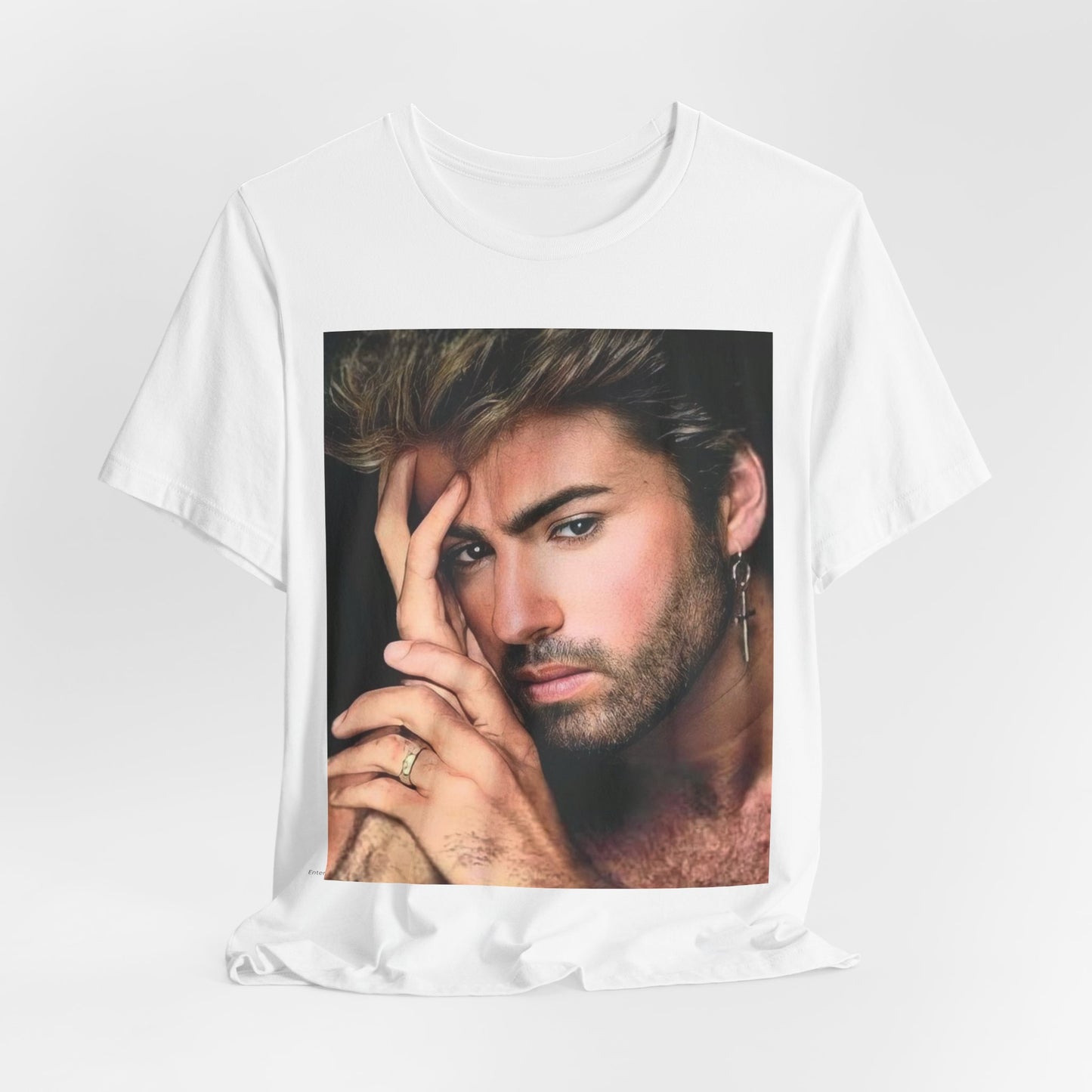 A black graphic t-shirt featuring a graphic of George Michael with a feel-good 80s vibe.