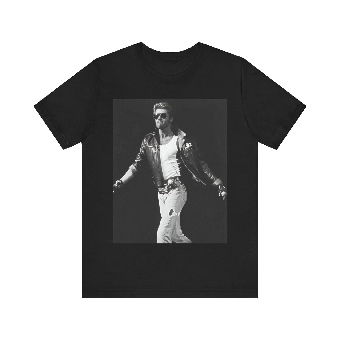 A black graphic t-shirt featuring a retro black and white monochrome graphic or photo of George Michael.