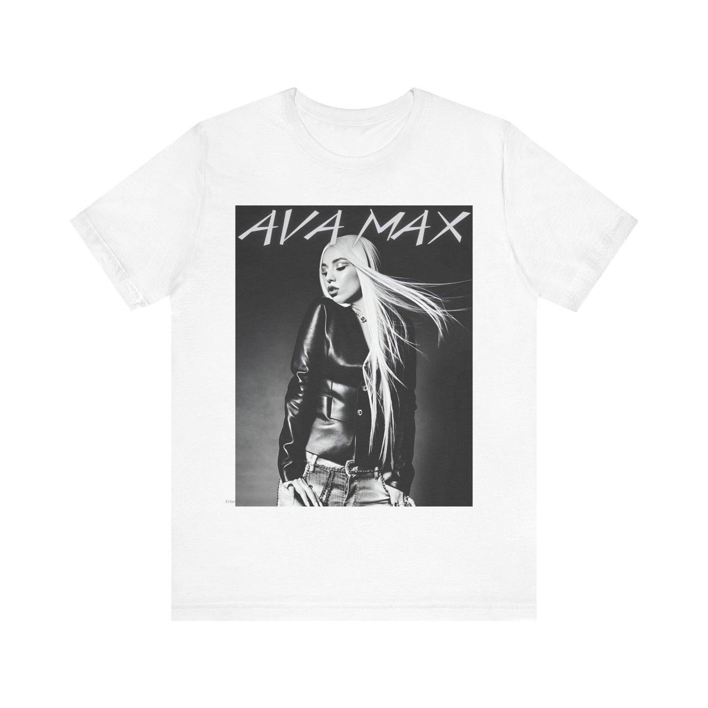 A black graphic t-shirt featuring a black and white portrait photo of Ava Max.