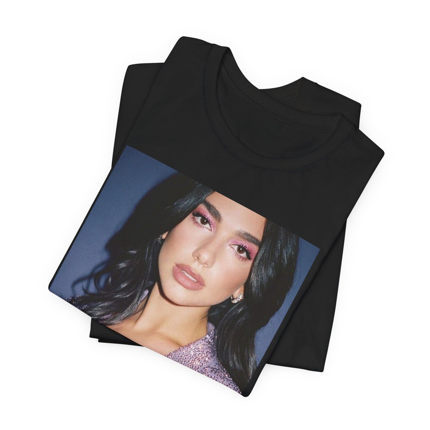 A black graphic t-shirt featuring a retro photo of Dua Lipa as a dance floor queen.
