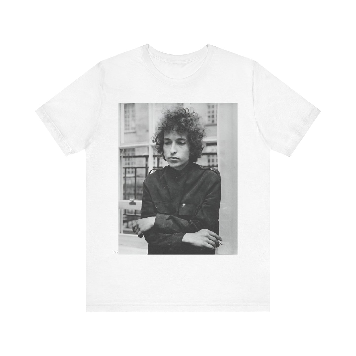 A black graphic t-shirt featuring a black and white graphic of Bob Dylan from the folk revival era.