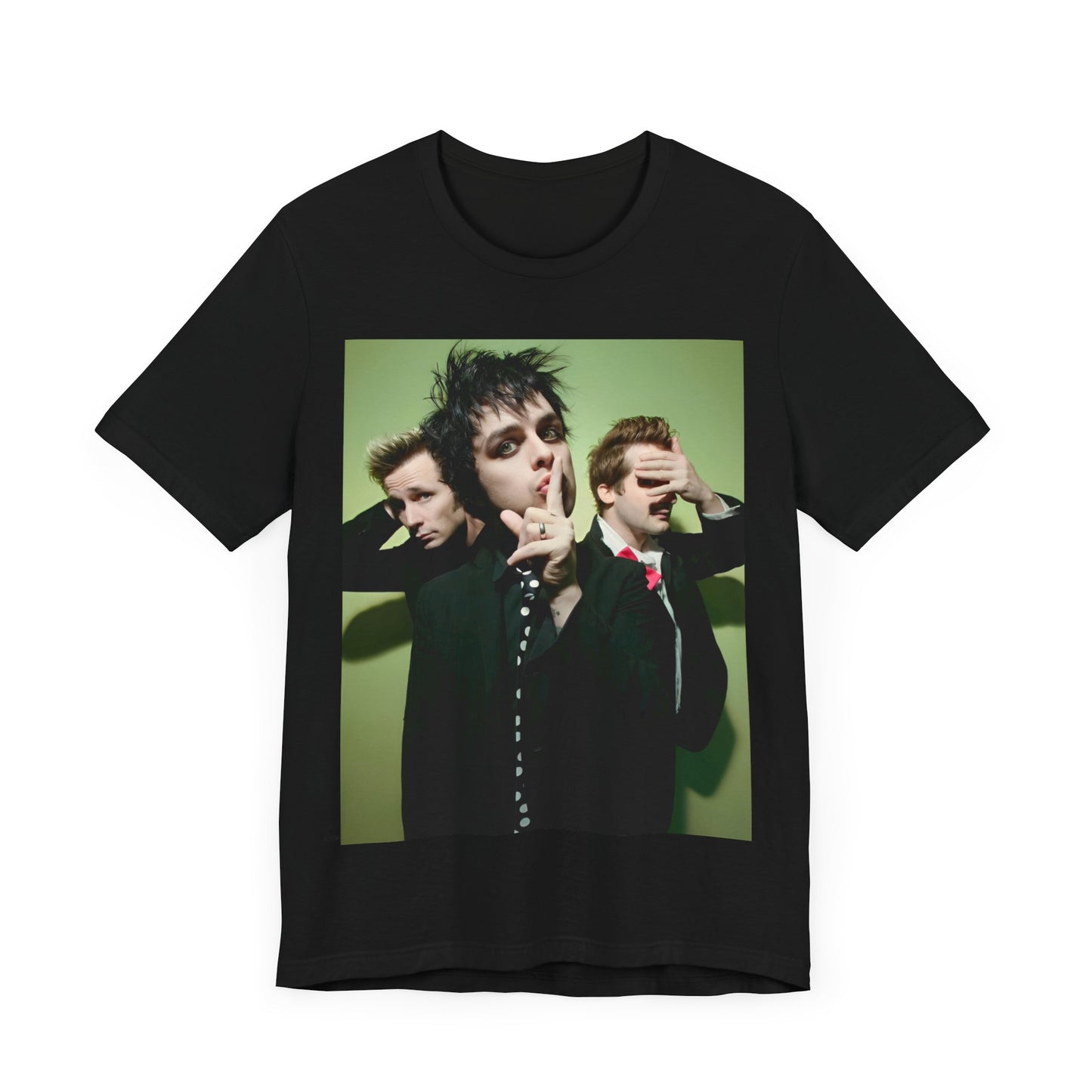 A black graphic t-shirt featuring a classic 90s pop-punk aesthetic graphic of Green Day.