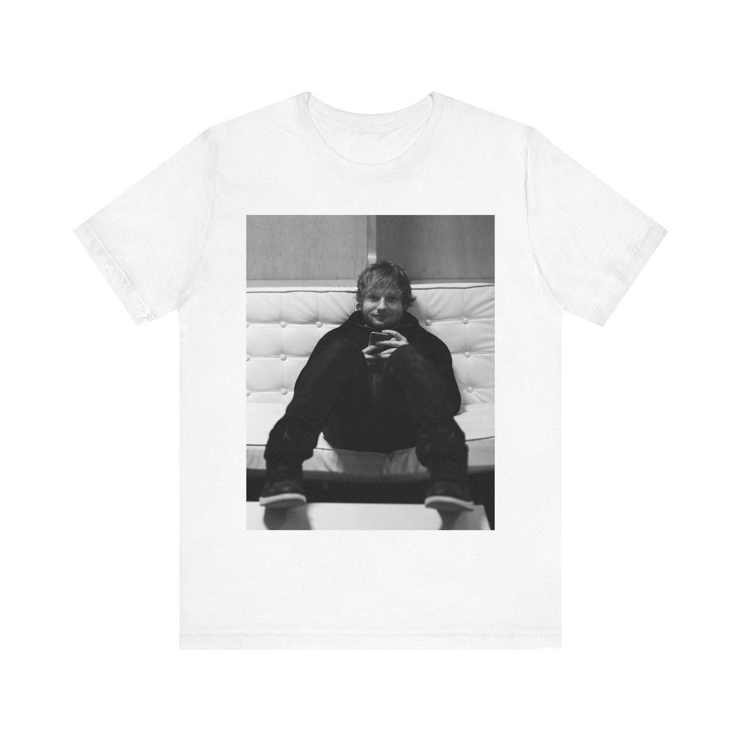 A black graphic t-shirt featuring a bold black and white graphic of Ed Sheeran.