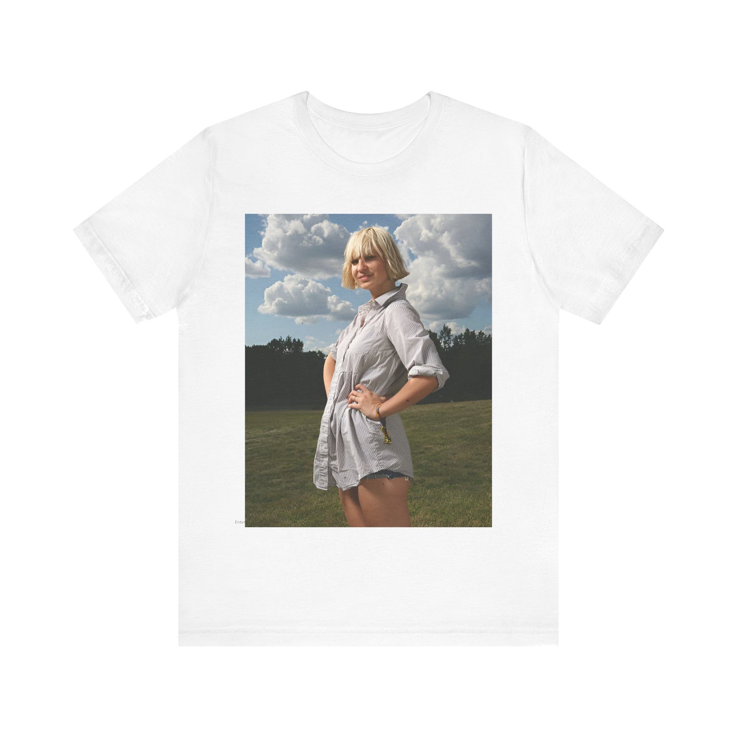 A black graphic t-shirt featuring a bold graphic of Sia as a pop superstar.