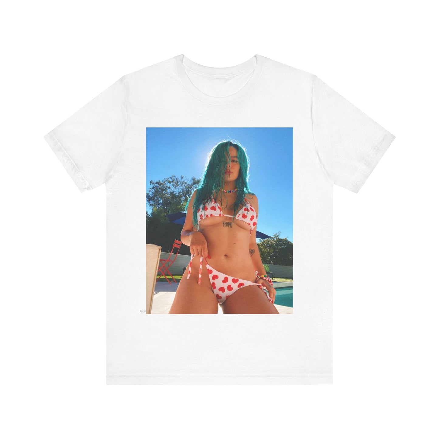 A black graphic t-shirt featuring a graphic of Karol G with sensual vibes.