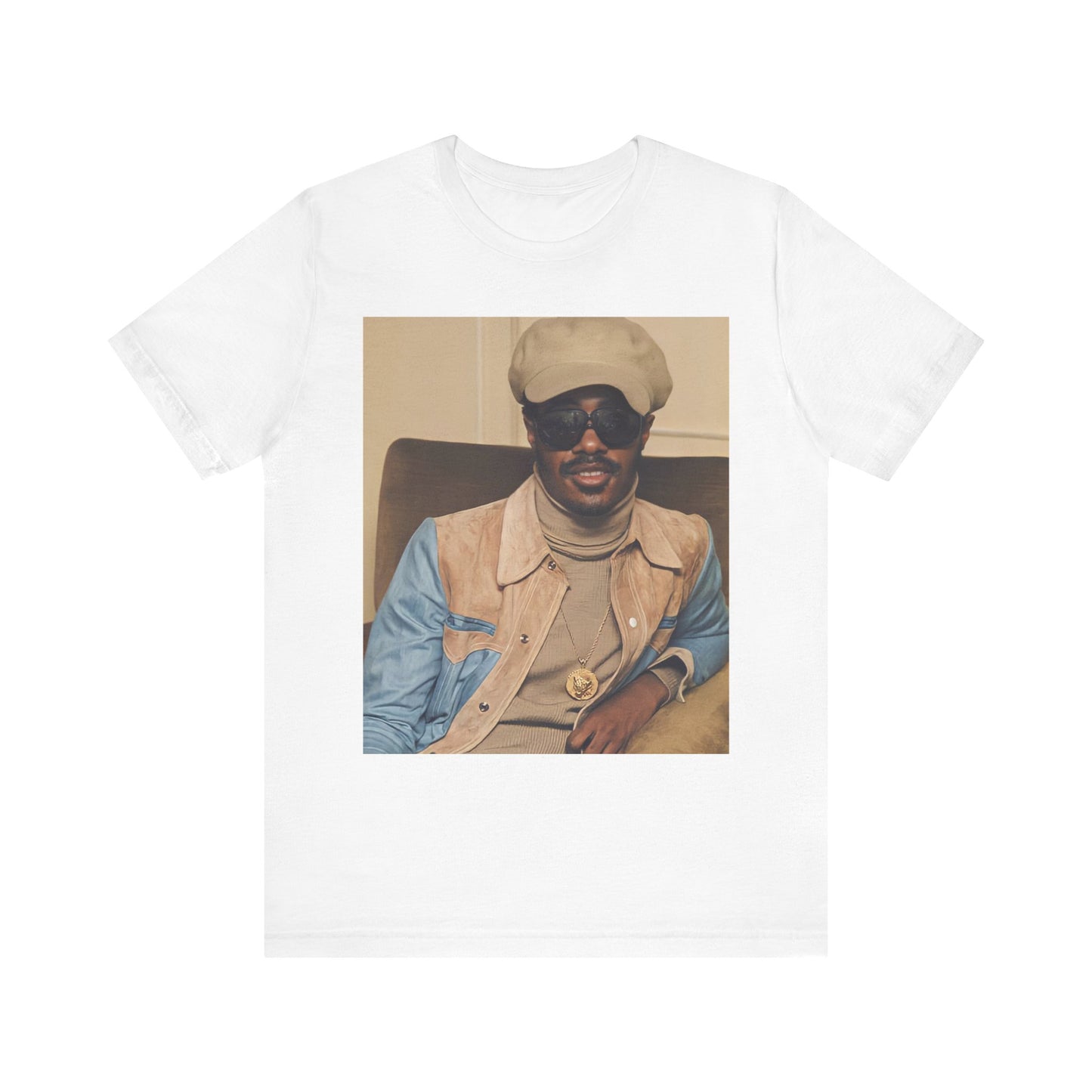 A black graphic t-shirt featuring a retro graphic related to Stevie Wonder's 'Songs in the Key of Life' album era.