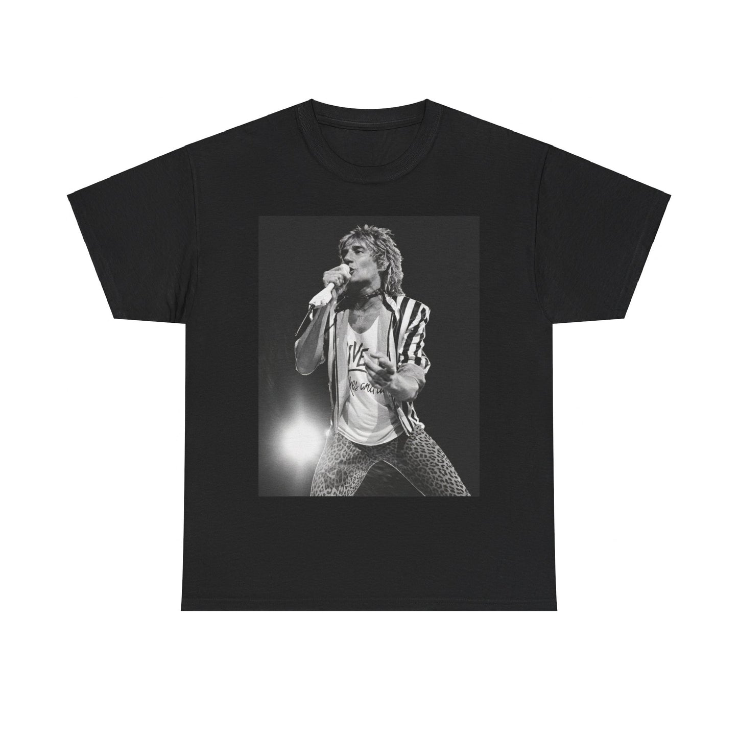 A black graphic t-shirt featuring a vintage graphic or photo of Rod Stewart performing live.