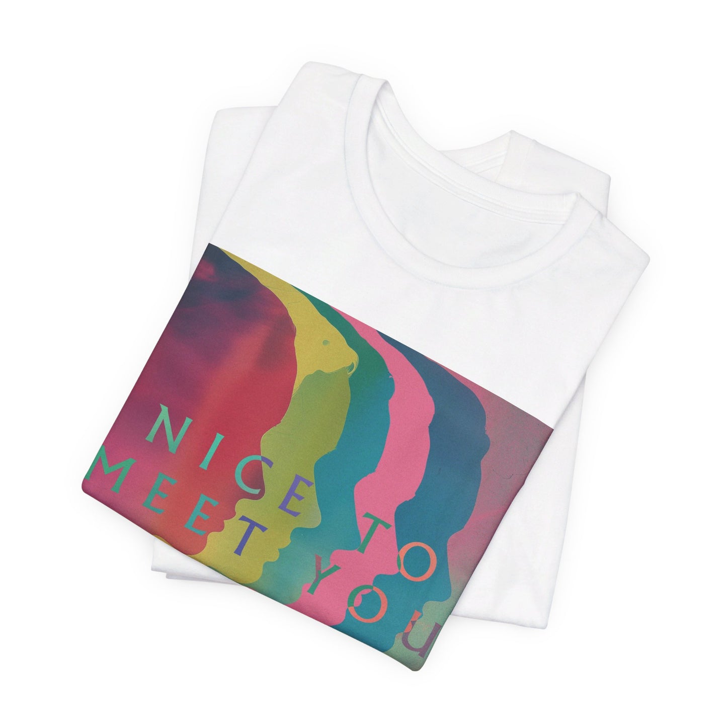 A black graphic t-shirt featuring a graphic related to Imagine Dragons' 'Nice to Meet You' song or a welcoming theme.