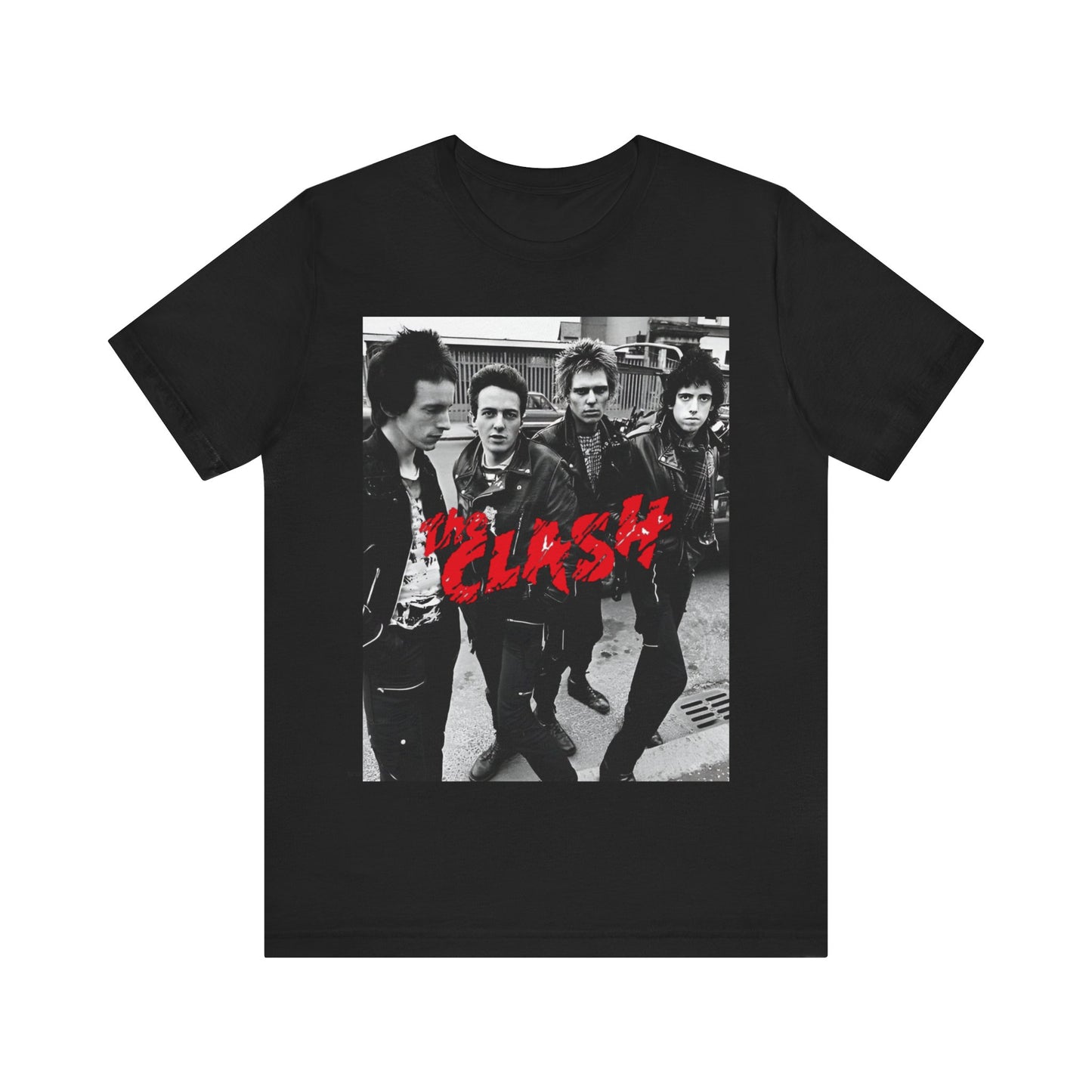 A black graphic t-shirt featuring a graphic of The Clash as punk rock pioneers.