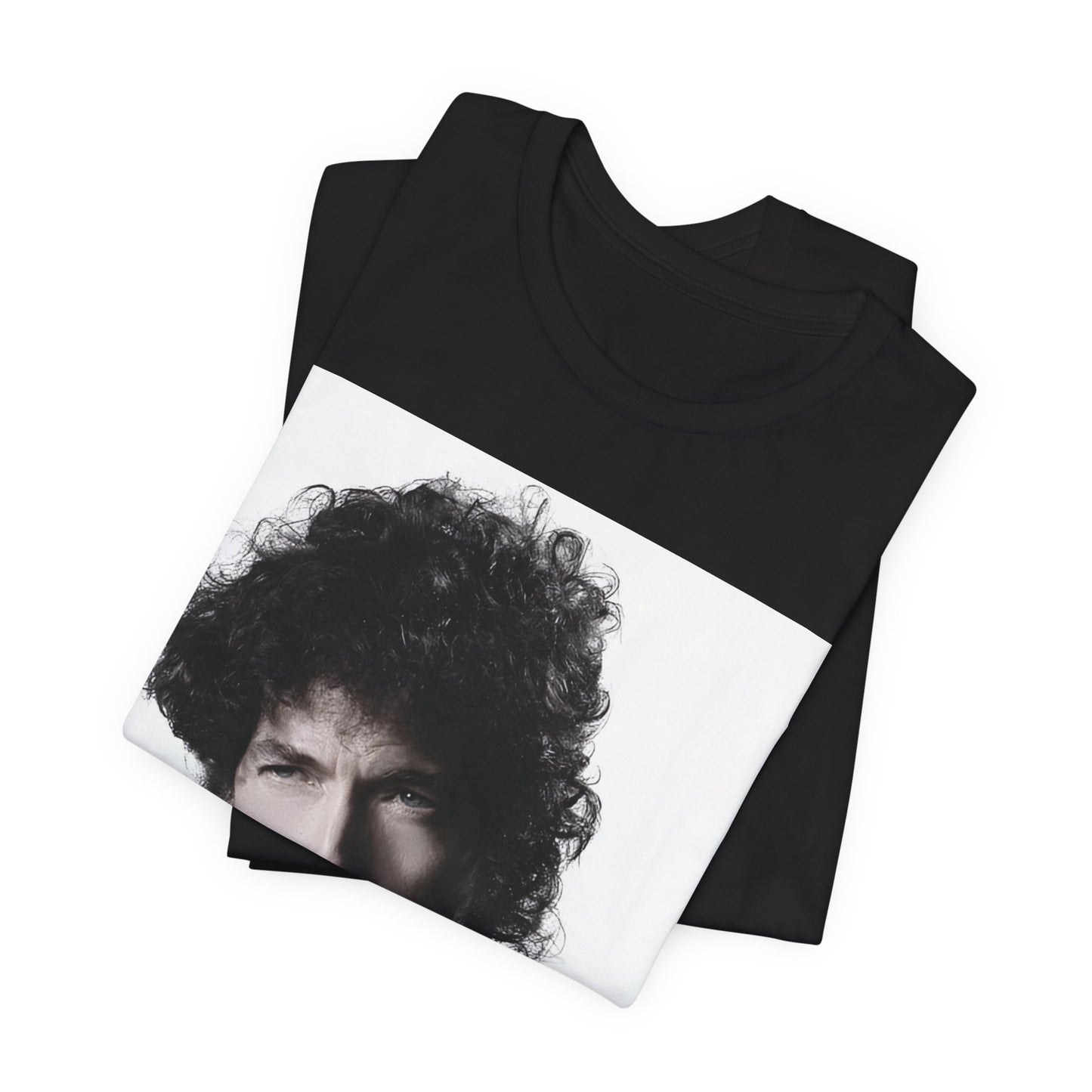 A black graphic t-shirt featuring a timeless folk rock graphic of Bob Dylan, possibly with his guitar or harmonica.