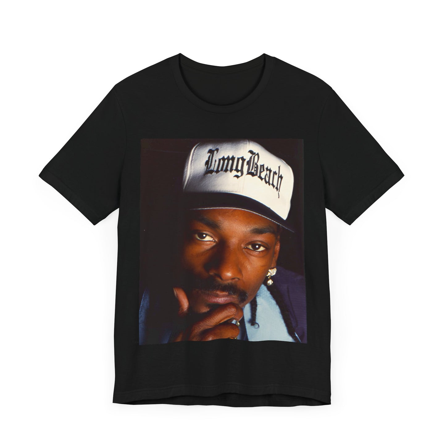 A black graphic t-shirt featuring a graphic of Snoop Dogg with Long Beach vibes.