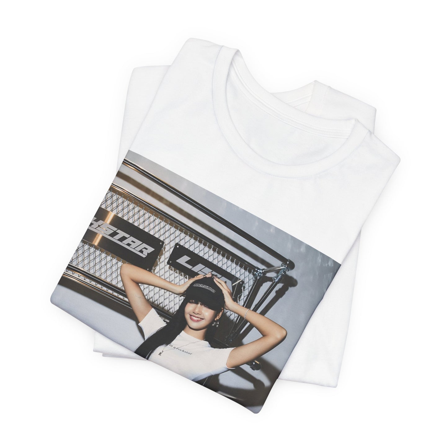 A black graphic t-shirt featuring a graphic of Lisa as a street K-Pop style queen.