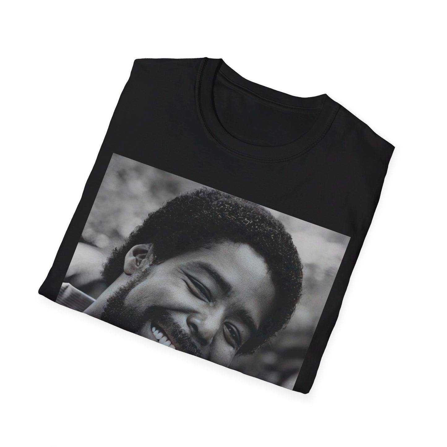 A black graphic t-shirt featuring a 70s-style graphic of Barry White with an iconic, joyful smile.