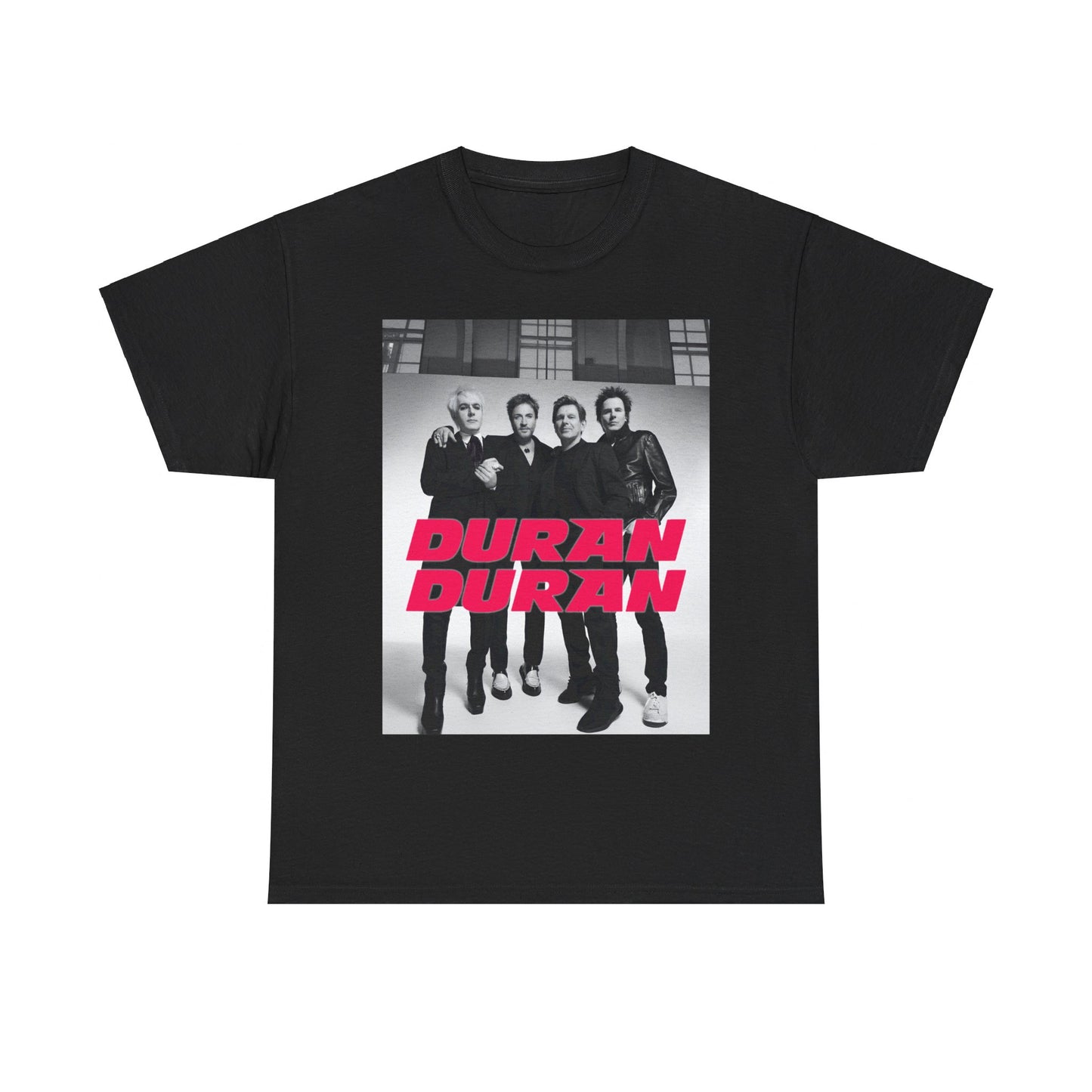 A black graphic t-shirt featuring a glam pop aesthetic graphic of Duran Duran.