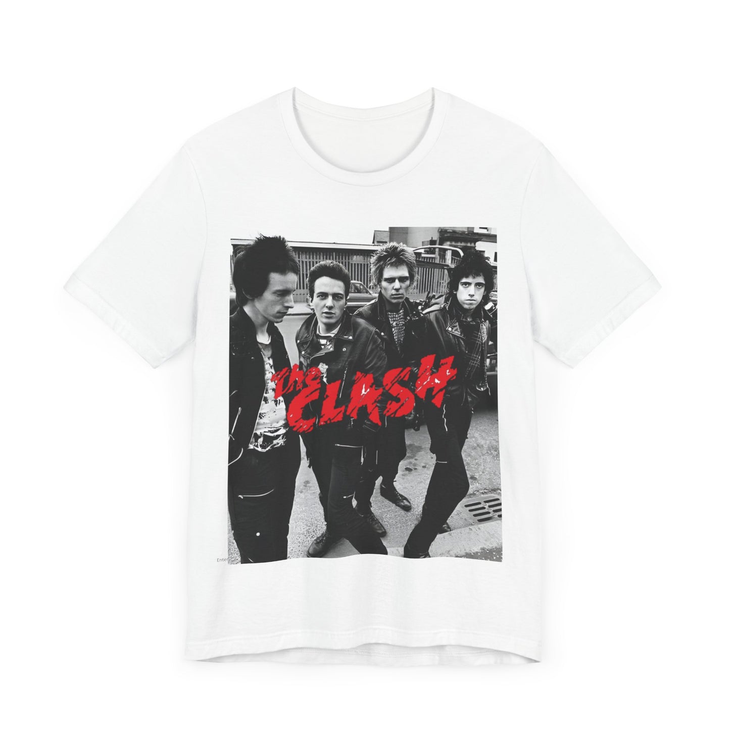 A black graphic t-shirt featuring a graphic of The Clash as punk rock pioneers.