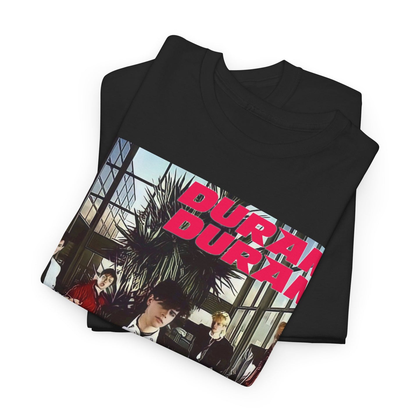 A black graphic t-shirt featuring a graphic of Duran Duran with a chill 80s pop vibe.