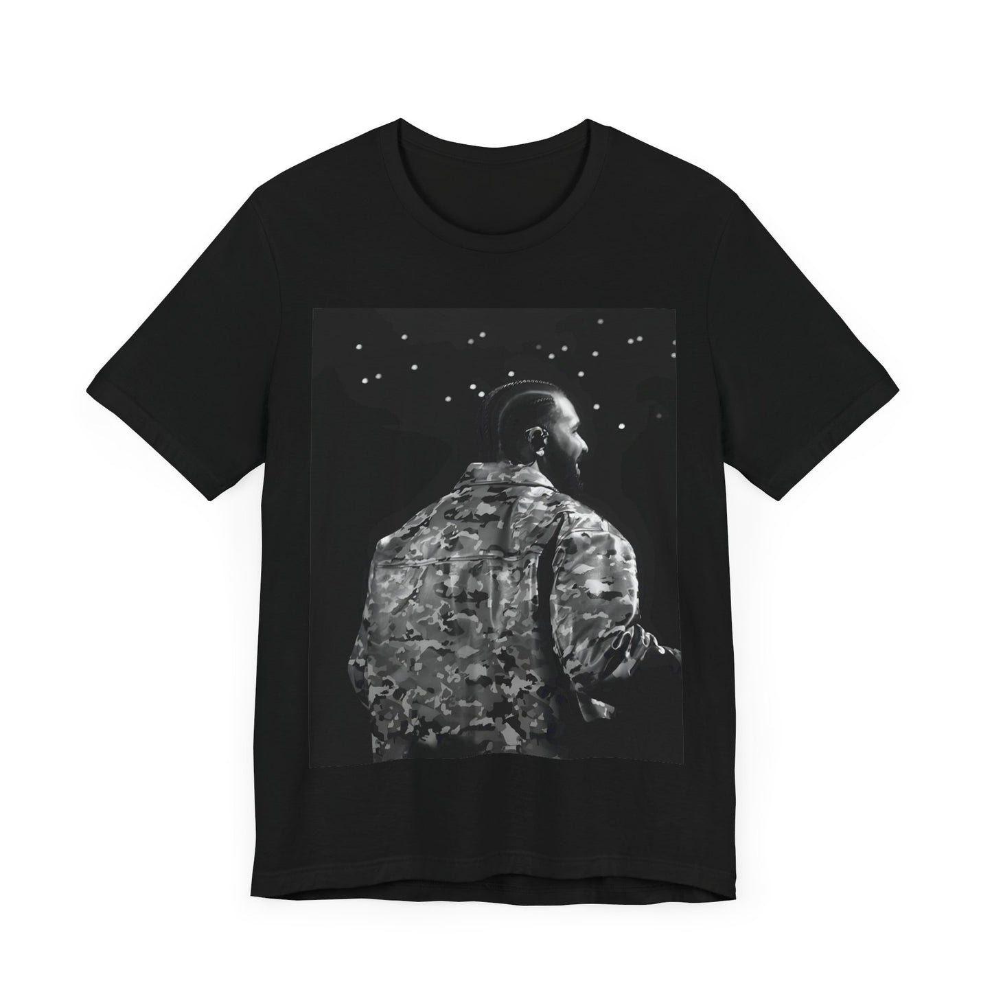 A black graphic t-shirt featuring a black and white graphic or photo of Drake performing live on stage.