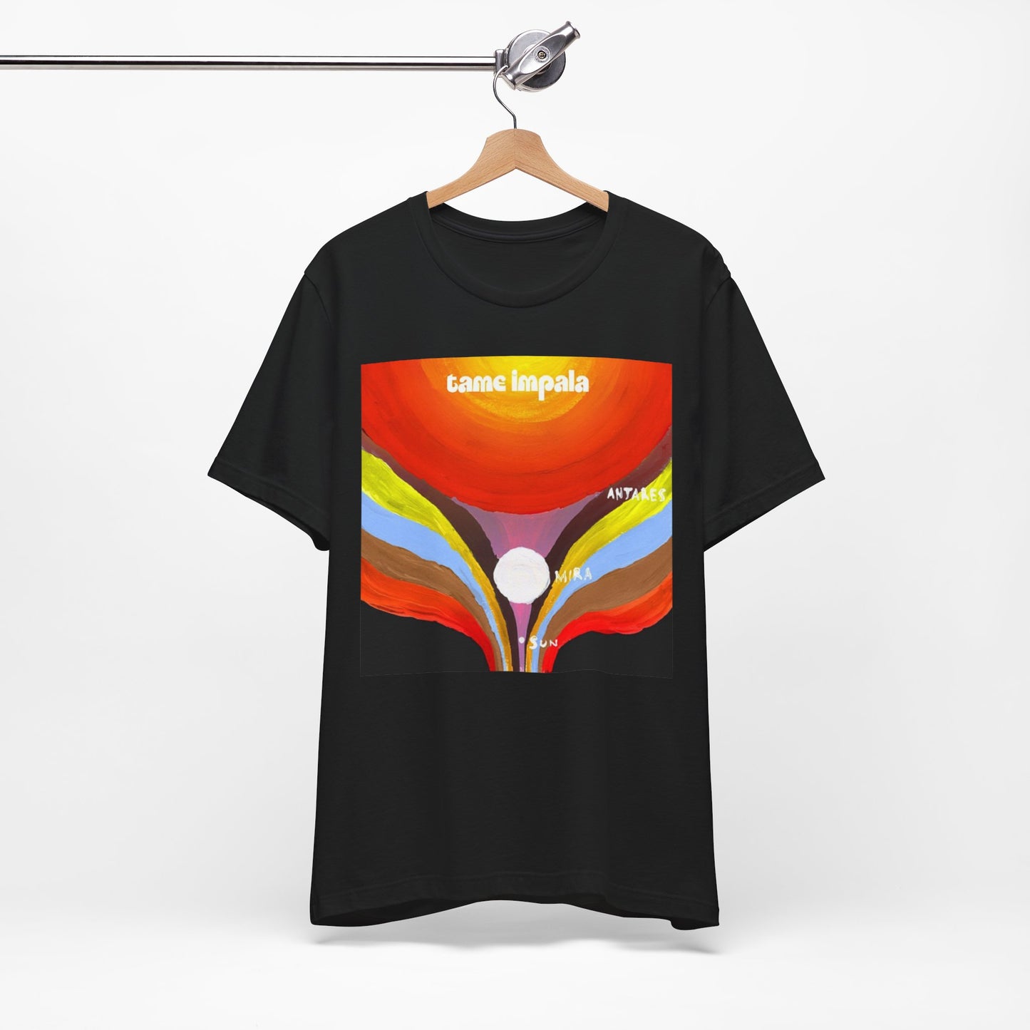 A black graphic t-shirt featuring a graphic inspired by Tame Impala's albums.