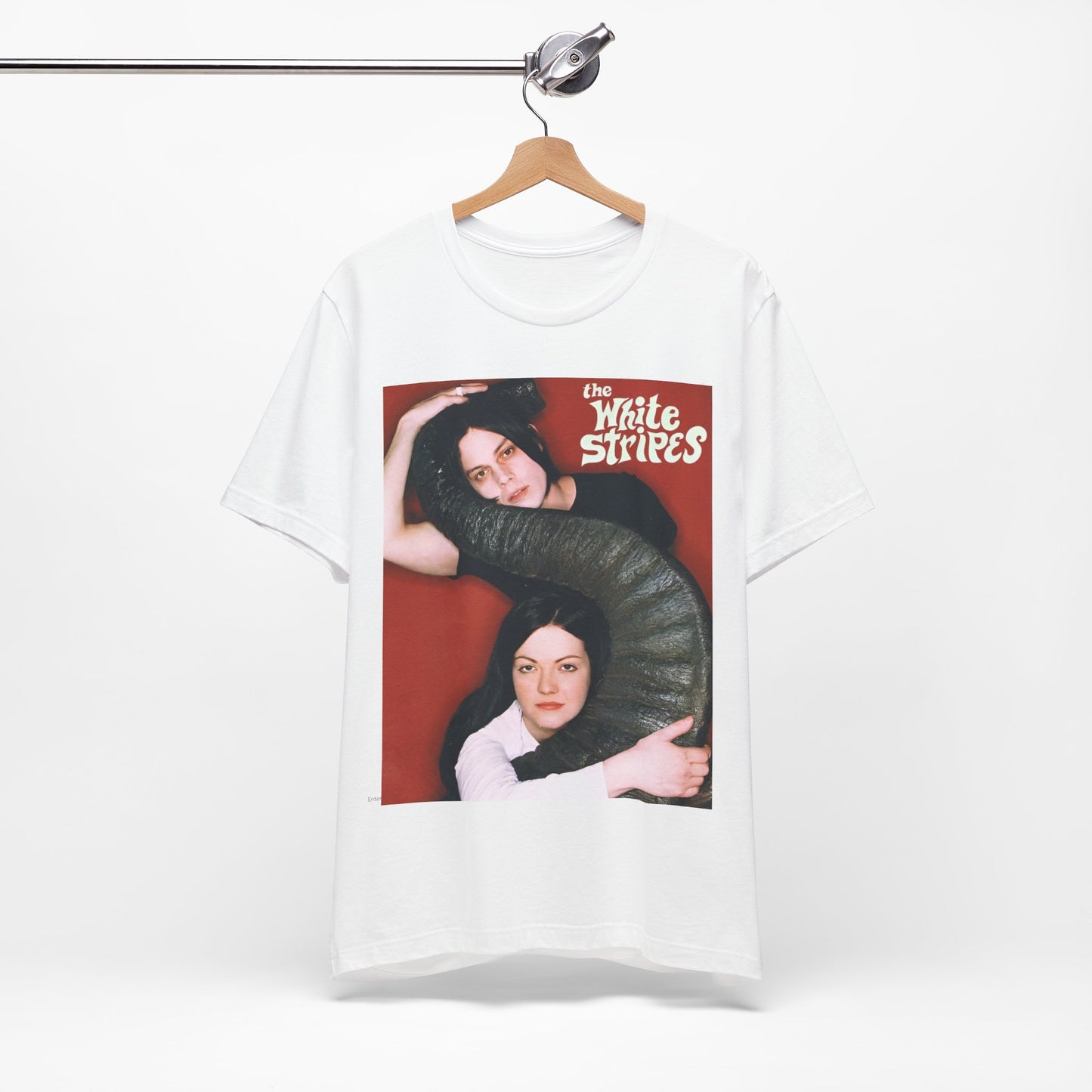 A black graphic t-shirt featuring a vintage graphic related to The White Stripes' 'Elephant' album era.