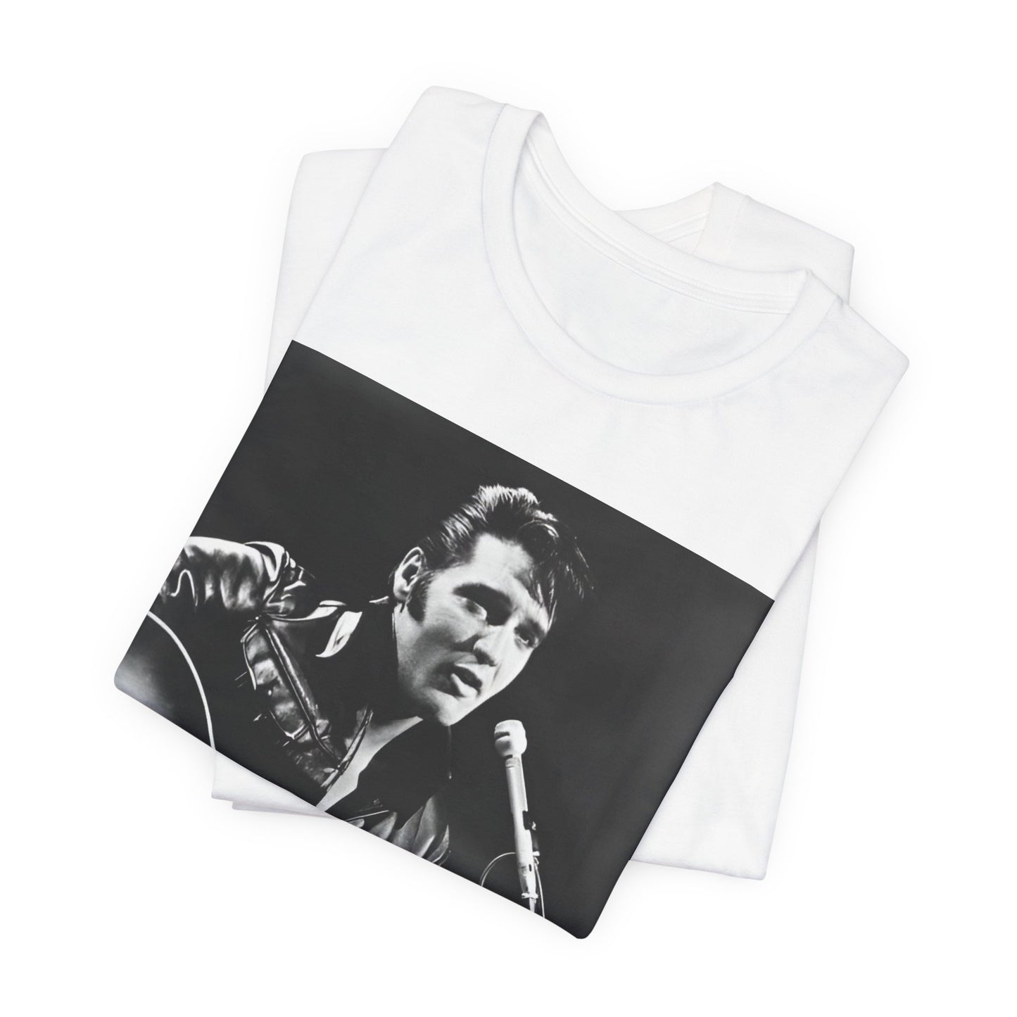 A black graphic t-shirt featuring a graphic related to Elvis Presley's 'Burning Love' song or era.