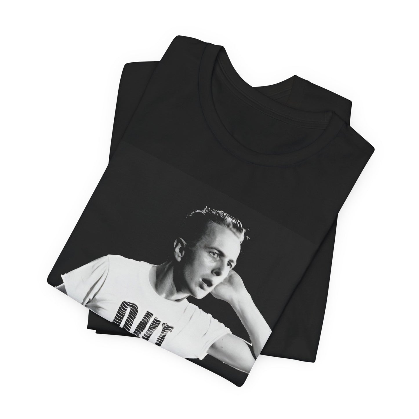 A black graphic t-shirt featuring a black and white graphic or photo portrait of Joe Strummer from The Clash.