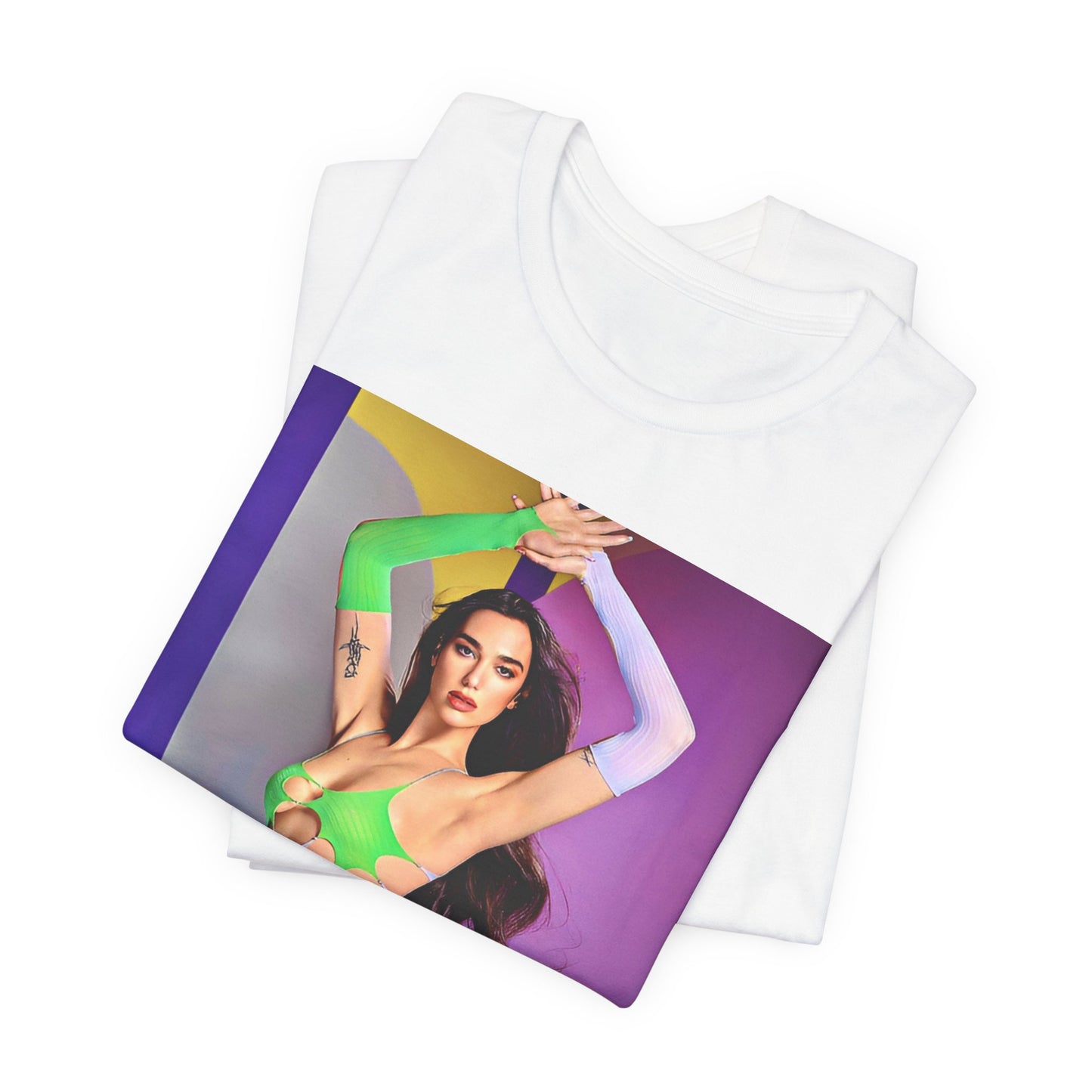 A black graphic t-shirt featuring a casual graphic related to Dua Lipa's "Future Nostalgia" era.