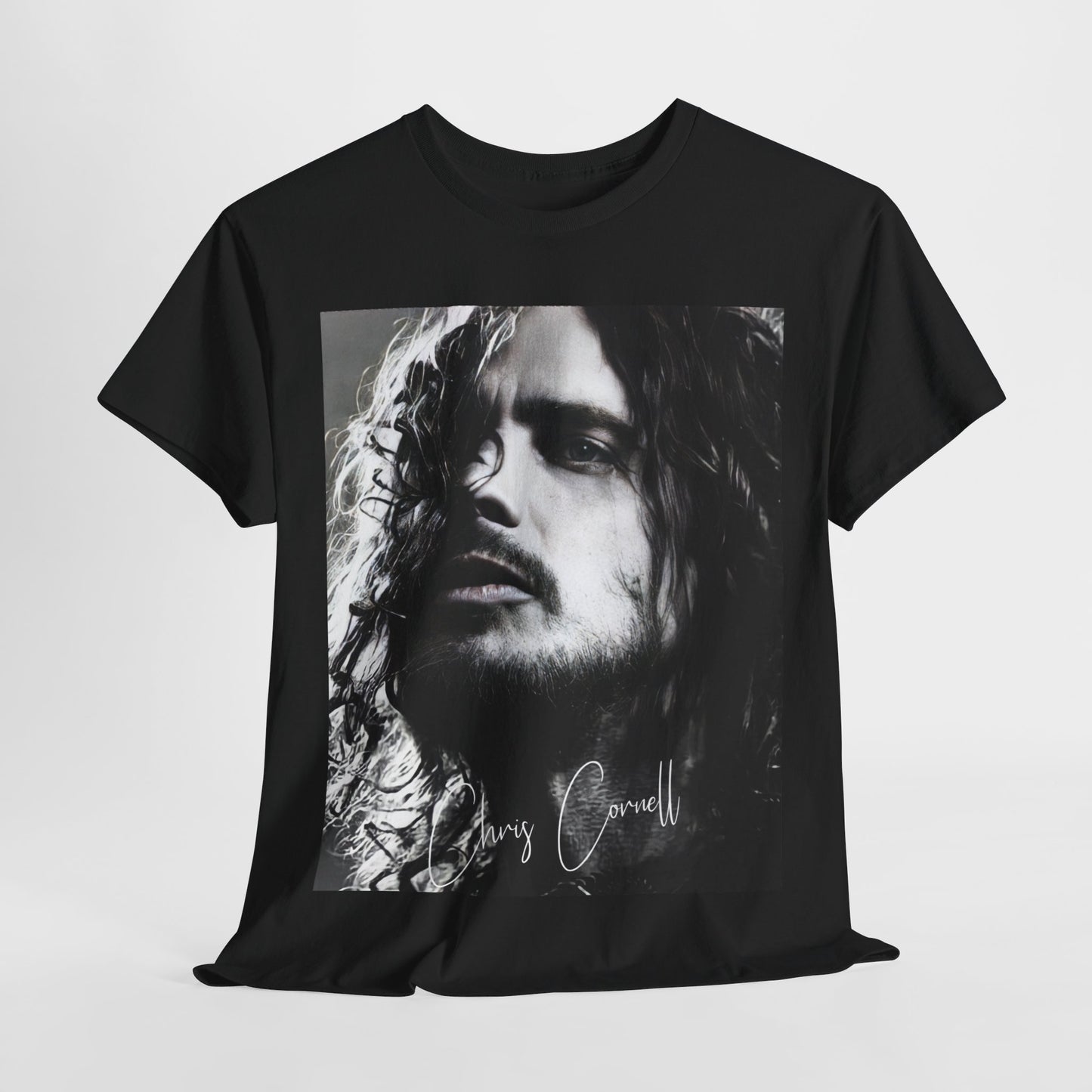 A black graphic t-shirt featuring a 90s black and white retro photo portrait of Chris Cornell.