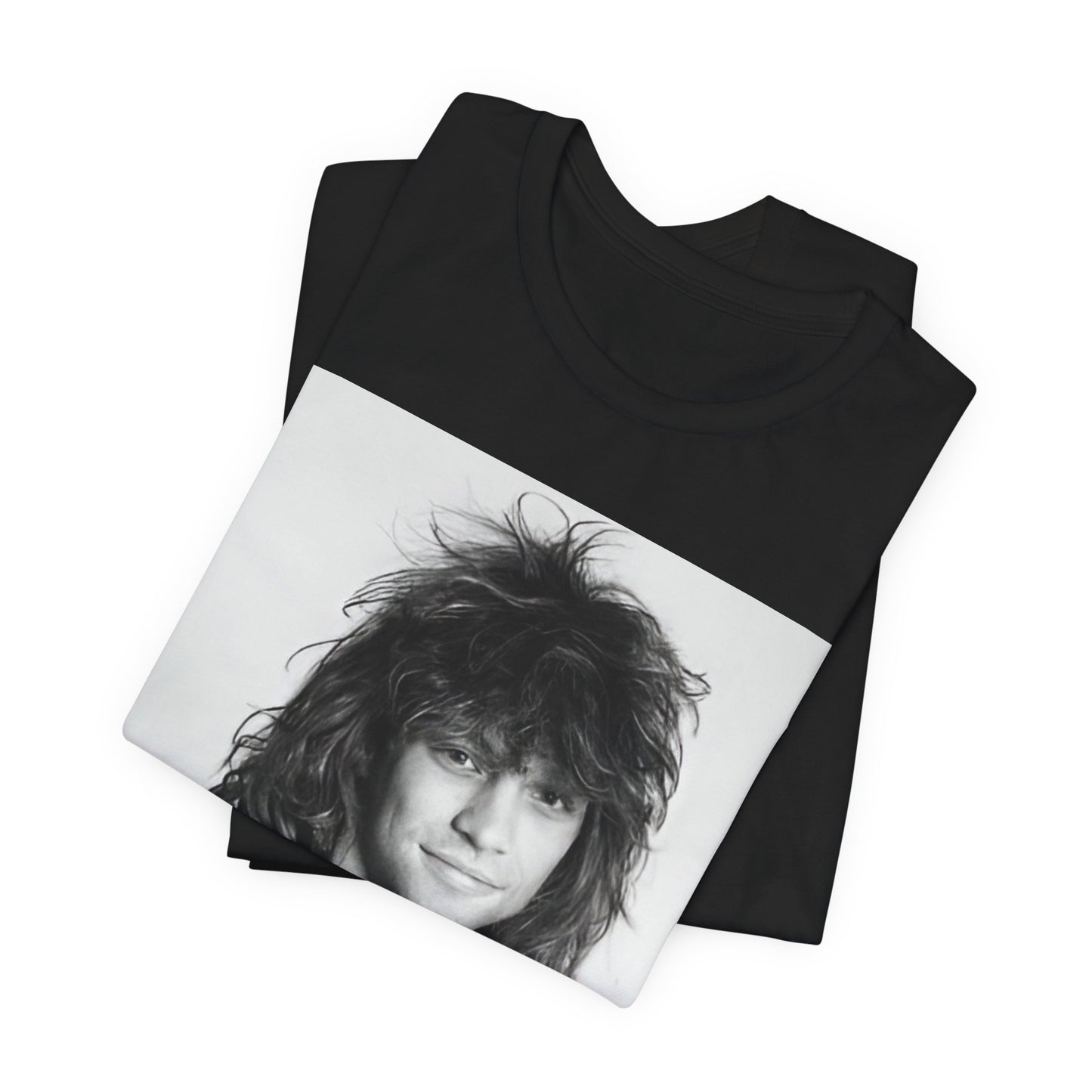 A black graphic t-shirt featuring a black and white photo of Bon Jovi from a 90s tour, performing on stage.