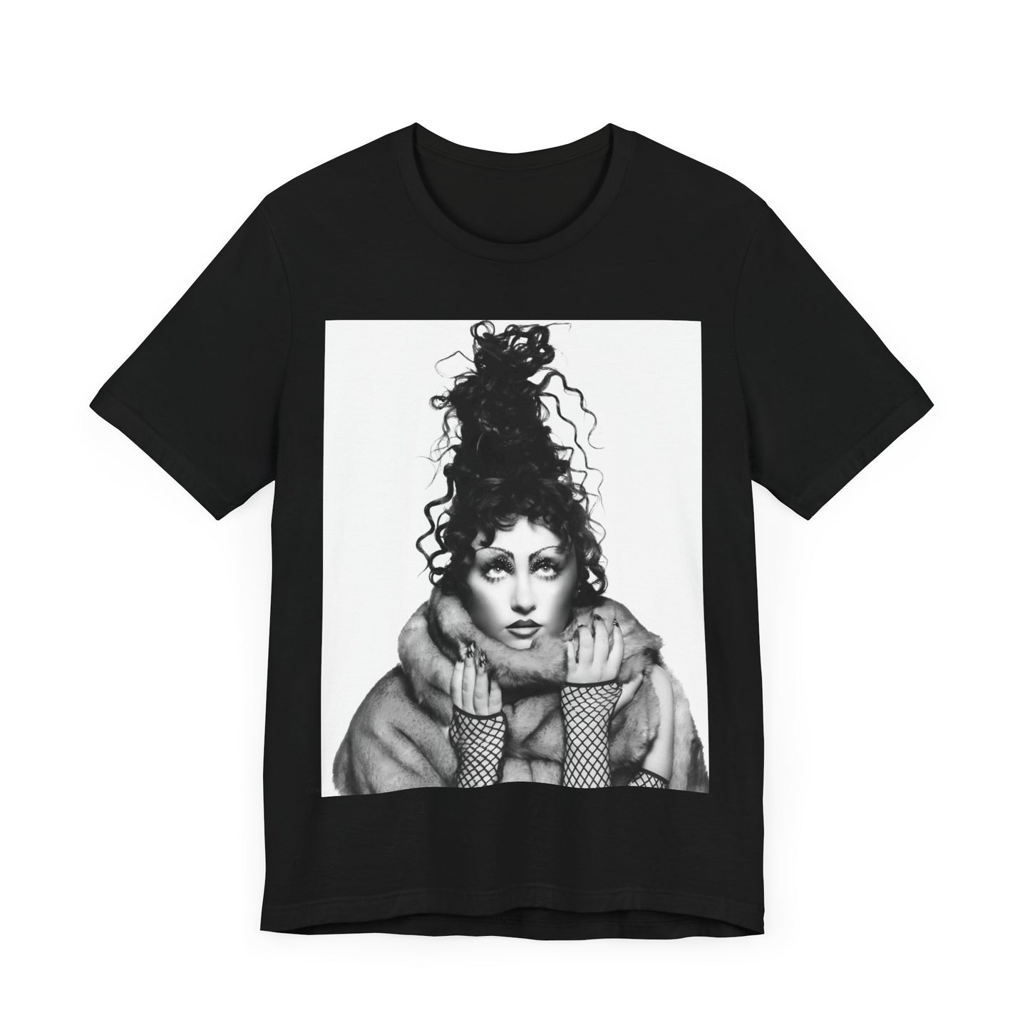 A black graphic t-shirt featuring a graphic of Chappell Roan as a pop diva.