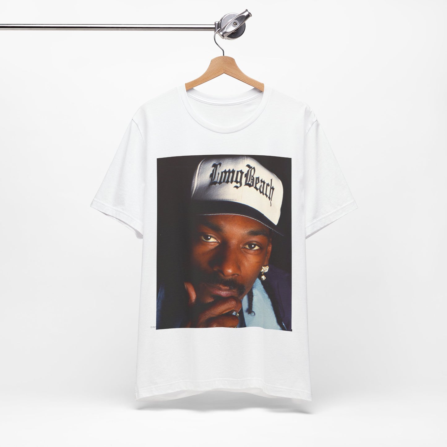 A black graphic t-shirt featuring a graphic of Snoop Dogg with Long Beach vibes.
