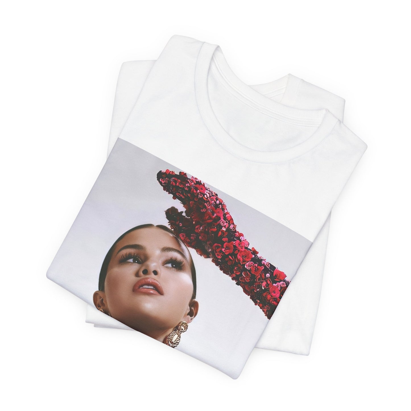 A black graphic t-shirt featuring a classic aesthetic graphic of Selena Gomez.